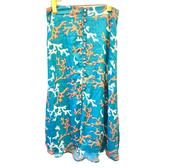 Anthropologie Maeve A-Line Button Front Midi Skirt Size 2 Coral Print Aqua - Picture 2 of 11